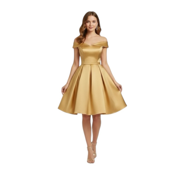 Asulla Gold Satin Off Shoulder Cocktail Dress with Pockets Women’s Size 6 - Picture 1 of 8